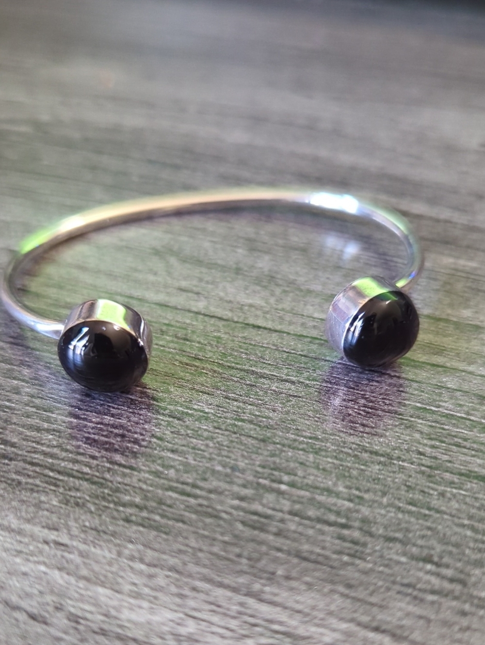 Sterling Silver Open Cuff Bracelet with Onyx Stone Ends